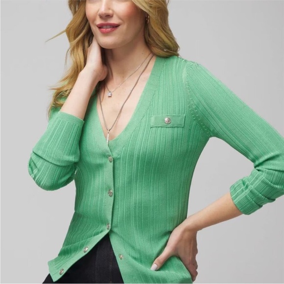 White House Black Market Lush Jade Medium Snap Front Cardigan & V-neck Tank - Picture 2 of 11